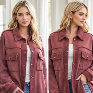Easel Marsala Rust Mineral Wash Raw Edge Terry Shacket L